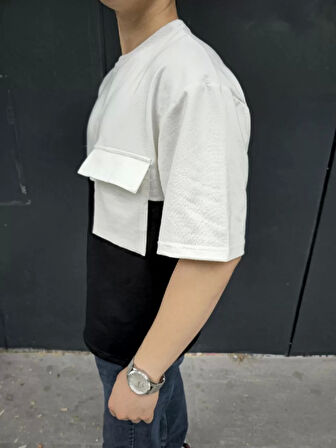 Unisex Torba Cep Detaylı Parçalı T-Shirt - Siyah