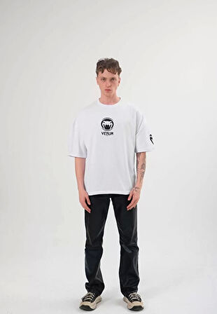 Unisex Bisiklet Yaka Baskılı Oversize T-Shirt - Beyaz