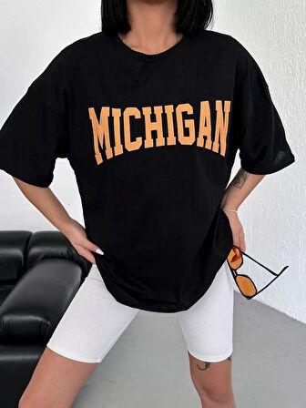 Unisex Bisiklet Yaka Baskılı Oversize T-Shirt - Siyah