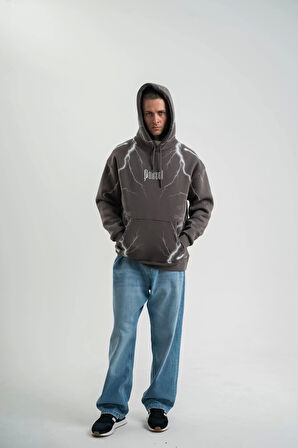 Double Oversize Kapşonlu Şimşek Pano Baskılı SweatShirt - Füme
