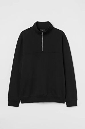 Oversize Yarım Farmuarlı Yakalı Basic SweatShirt - Siyah
