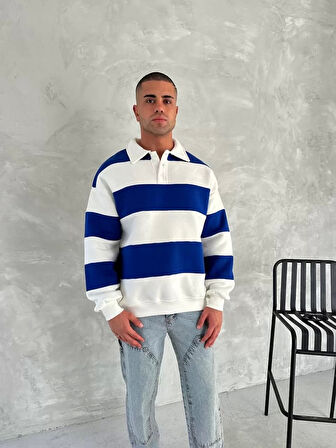 Unisex Üç İplik Parçalı Yakalı SweatShirt - Mavi