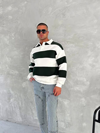 Unisex Üç İplik Parçalı Yakalı SweatShirt - Yeşil