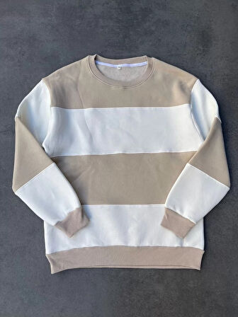Parçalı Bisiklet Yaka Baskılı SweatShirt - Bej