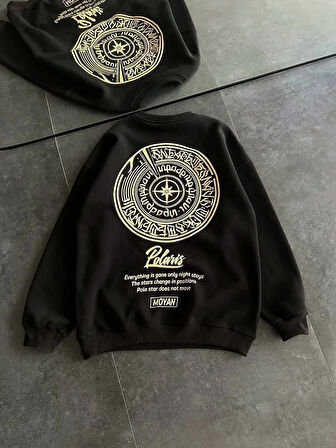 Kışlık Bisiklet Yaka Ön Ve Arka Baskılı SweatShirt - Siyah