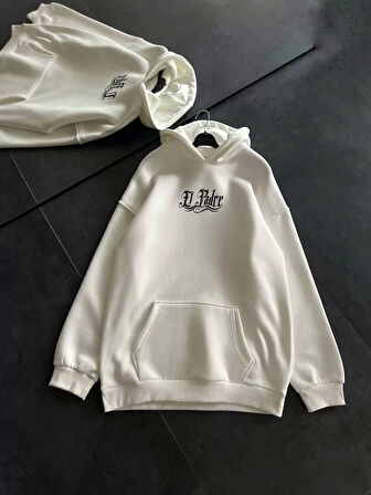 Üç İplik Penye Uzun Kol Kapüşonlu Baskılı SweatShirt - Beyaz