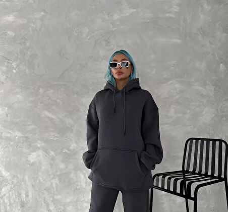 Kapüşonlu Üç İplik Penye Basic SweatShirt - Füme