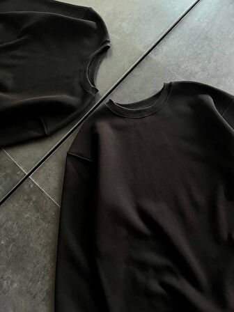 Kışlık Bisiklet Yaka Üç İplik Basic SweatShirt - Siyah