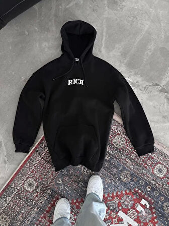 Uzun Kol Kapüşonlu Göğüs Baskılı SweatShirt - Siyah