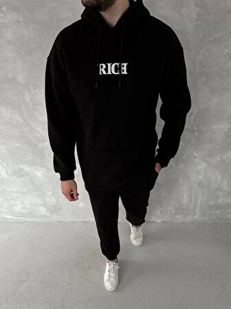 Uzun Kol Kapüşonlu Göğüs Baskılı SweatShirt - Siyah