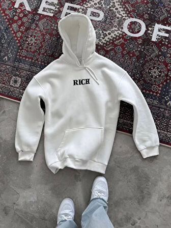 Uzun Kol Kapüşonlu Göğüs Baskılı SweatShirt - Beyaz