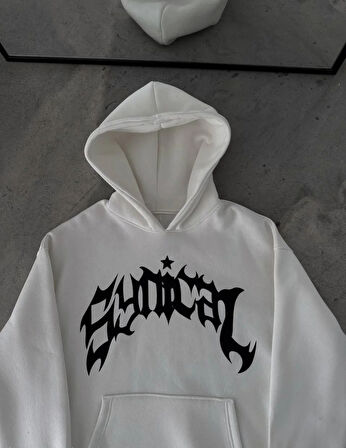 Üç İplik Kapüşonlu Baskılı Oversize SweatShirt- Beyaz