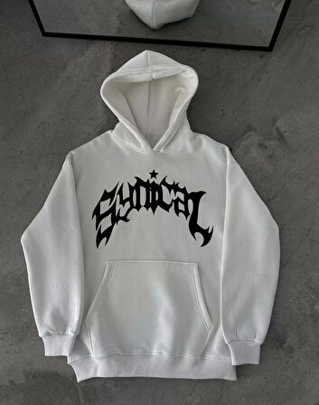 Üç İplik Kapüşonlu Baskılı Oversize SweatShirt- Beyaz