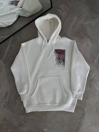 Uzun Kol Kapüşonlu Ön Ve Arka Baskılı SweatShirt - Beyaz