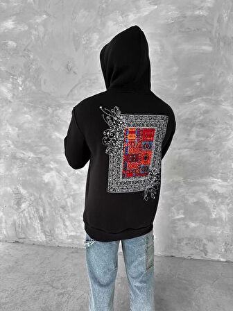 Uzun Kol Kapüşonlu Ön Ve Arka Baskılı SweatShirt - Siyah