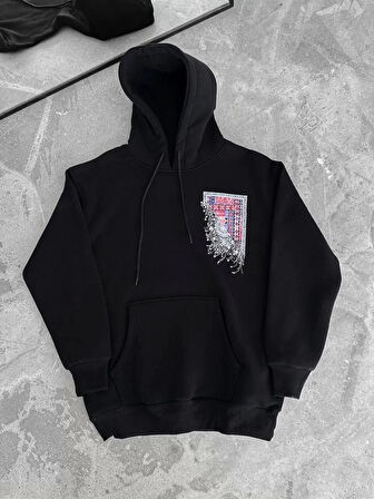 Uzun Kol Kapüşonlu Ön Ve Arka Baskılı SweatShirt - Siyah