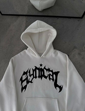 Kışlık Kapüşonlu Baskılı Oversize SweatShirt- Beyaz