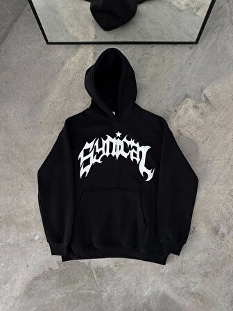 Kışlık Kapüşonlu Baskılı Oversize SweatShirt- Siyah
