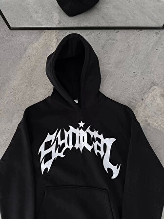 Kışlık Kapüşonlu Baskılı Oversize SweatShirt- Siyah