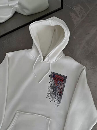 Uzun Kol Kapüşonlu Ön Ve Arka Baskılı SweatShirt - Beyaz