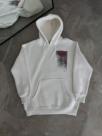 Uzun Kol Kapüşonlu Ön Ve Arka Baskılı SweatShirt - Beyaz