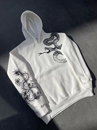 Uzun Kol Kapüşonlu Baskılı SweatShirt - Beyaz