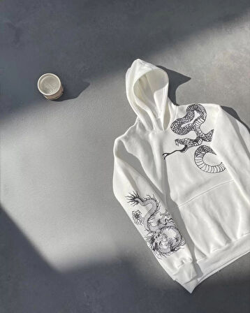 Uzun Kol Kapüşonlu Baskılı SweatShirt - Beyaz