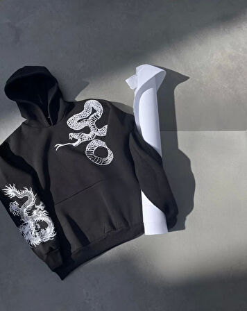 Uzun Kol Kapüşonlu Baskılı SweatShirt - Siyah