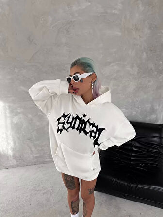 Unisex Üç İplik Kapüşonlu Baskılı SweatShirt - Beyaz