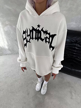 Unisex Üç İplik Kapüşonlu Baskılı SweatShirt - Beyaz