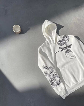 Uzun Kol Kapüşonlu Baskılı SweatShirt - Beyaz