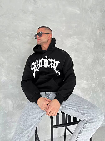 Unisex Üç İplik Kapüşonlu Baskılı SweatShirt - Siyah