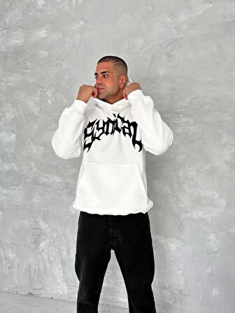 Unisex Üç İplik Kapüşonlu Baskılı SweatShirt - Beyaz