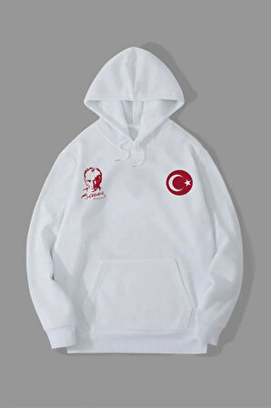 10 Kasıma Özel Üç İplik Kapüşonlu Baskılı SweatShirt - Beyaz