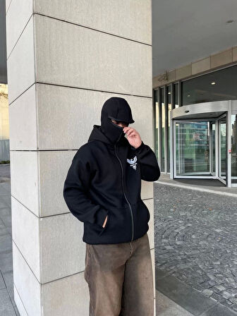 Samuray kapüşonlu ZIP Fermuarlı kapüşonlu SweatShirt - Siyah
