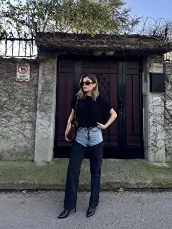 Kadın Jeans Kot Parçalı Palazzo Pantolon - Siyah