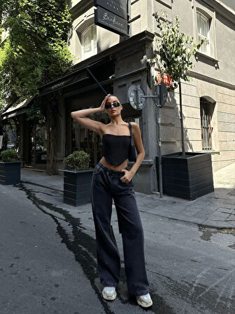 Kadın Arkadan Yırtmaçlı Jeans Kot Palazzo Pantolon - Siyah