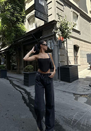 Kadın Arkadan Yırtmaçlı Jeans Kot Palazzo Pantolon - Siyah