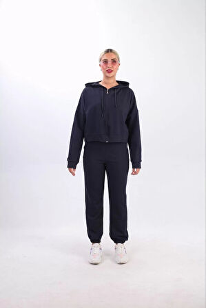iki iplik Kapüşonlu Fermuarlı Crop Oversize Hırka Takım- Lacivert