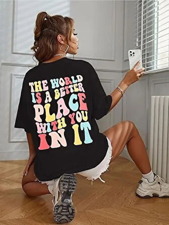 Kadın Bisiklet Yaka Baskılı T-shirt - Siyah