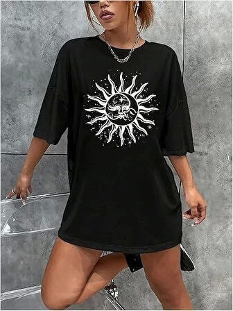 Kadın Bisiklet Yaka Baskılı T-shirt - Siyah