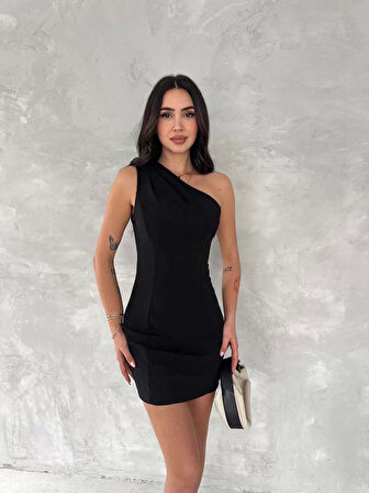Tek Omuzlu Kolsuz Mini Boy Elbise - Siyah