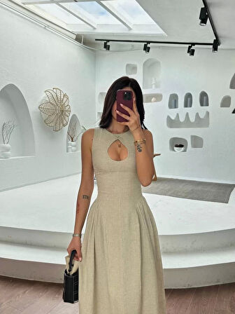 Kolsuz Uzun Kabardin Elbise - Gri