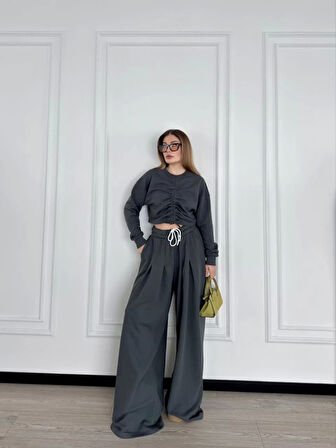 Uzun Kollu Önü İp Büzgülü Crop ve Pantolon İkili Takım - Antrasit