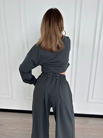 Uzun Kollu Önü İp Büzgülü Crop ve Pantolon İkili Takım - Antrasit