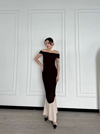 Striptiz Omuzlu Uzun Elbise- Kahve