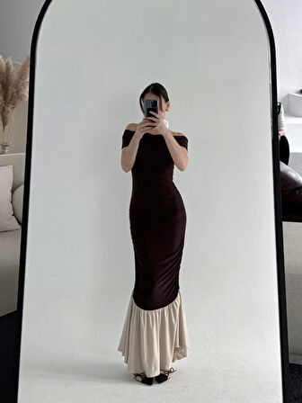 Striptiz Omuzlu Uzun Elbise- Kahve
