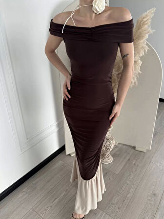 Striptiz Omuzlu Uzun Elbise- Kahve