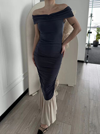 Striptiz Omuzlu Uzun Elbise- Füme