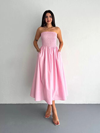 Straplez Pileli Elbise - Pembe